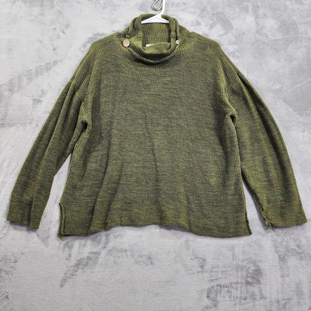 CUBIX Sweater Womens L‎ Green Linen Cotton Cowl Neck Button Pullover Shaggy Knit